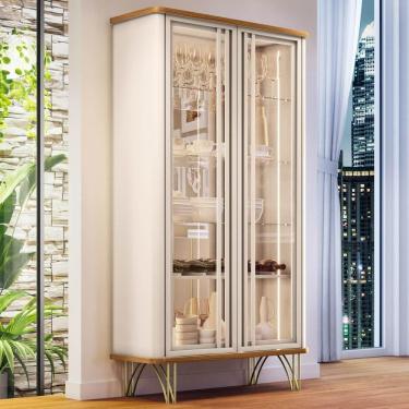 Imagem de Cristaleira De Vidro Com Espelho E Led évora Off White/cinamomo - Hb Móveis