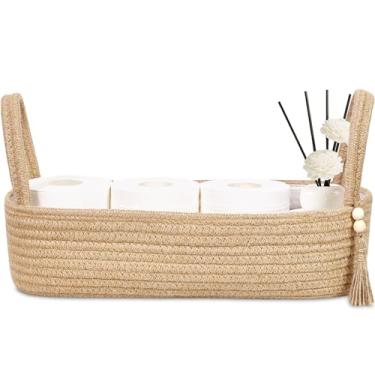 Imagem de ABenkle Cesta de armazenamento pequena para regata de vaso sanitário - organizador de tecido de corda de juta com alça, decoração de banheiro de bancada boho, suporte de papel higiênico, 40 x 15 x 10