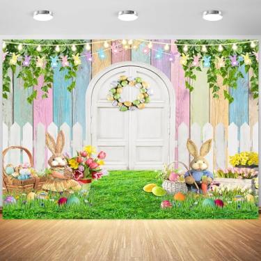Imagem de 3 x 2,4 m primavera Páscoa pano de fundo porta de madeira grama verde flores primavera coelho fotografia fundo ovos de páscoa crianças crianças faixa de festa de Páscoa suprimentos de decoração