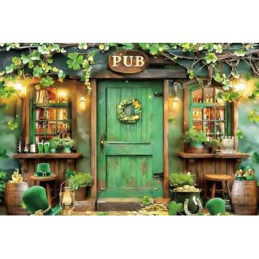 Imagem de XMJJKUF Fundo fotográfico do Dia de São Patrício, 3 x 2,4 m, vinil, verde, irlandês, moeda, ouro, pub, fundo de parede, Saint Patricks, trevo da sorte, festival, decoração de festa