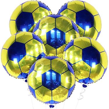 Imagem de Balões de futebol amarelo, azul – grandes, 45 cm, balões de bola de futebol | Balões de mylar de futebol redondo 4D para decorações de festa de futebol | Artigos de festa de aniversário temáticos de futebol | Balões de alumínio de futebol