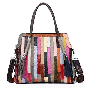 Imagem de Segater Bolsa feminina multicolorida grande Boston de couro genuíno aleatória colorida patchwork grande bolsa Hobo bolsa transversal, Colorido - tamanho médio - 2, Colorful-Middle size-2