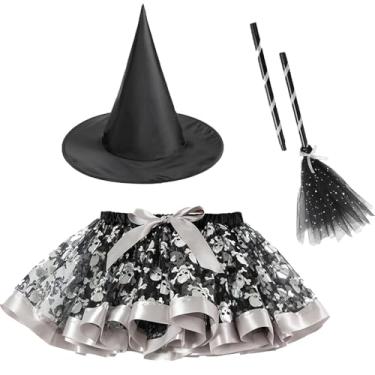 Imagem de Happy Cherry Conjunto de saia tutu de bruxa infantil com chapéu e vassoura, 3 peças, roupas de Halloween 3-8 anos, Prata, 4-6 Anos
