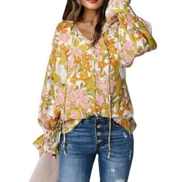 Imagem de Blusa feminina Biucly com decote em V, manga comprida, estampa floral,