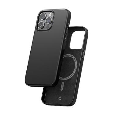 Imagem de FLOLAB Capa magnética TerraTact para iPhone 15 Pro Max capa de couro preta durável protetora fina design Magsafe compatível, couro NAPA, interior de microfibra, botões de alumínio - preto meia-noite