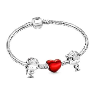 Imagem de Pulseira Amor Filhos com 3 berloques Menino Menina - Vermelha/Rosa - Banhado à Prata - Modelo Pandora - cabe pulseira de Berloques de Prata 925 Pandora Vivara (18 CM, VERMELHO)