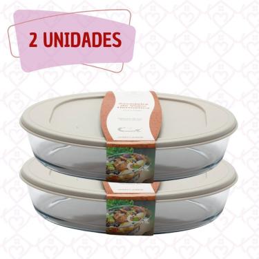 Imagem de Conj 2 Travessas Refratária Vidro Oval Com Tampa Silicone 3L
