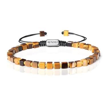 Imagem de ketryep Pulseiras masculinas com contas quadradas de 4 mm de pedra natural para homens ônix preto fosco ágata olhos de tigre lava rock hematita pulseiras para homens presentes de Natal e aniversário