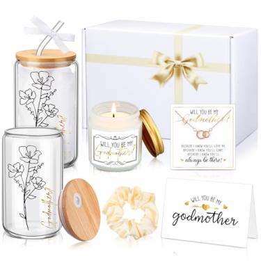 Imagem de Singhoow Conjunto de 6 peças de presente de madrinha Will You Be My Godmother 473 ml, copo de vidro, caixa de presente de vela perfumada da afilhada para o dia das mães, Natal, aniversário, batismo