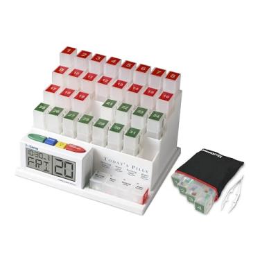Imagem de MedCenter Sistema organizador de comprimidos mensal de 31 dias com relógio de lembrete falante, bolsa de viagem e pinças – 4 compartimentos de dose diária – Organizador de medicamentos ideal para