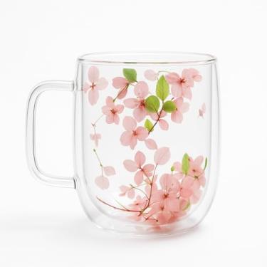 Imagem de Xícara de Vidro Dupla Parede com Flores Decorativas, 350ml, Design Floral Rosa e Lilás