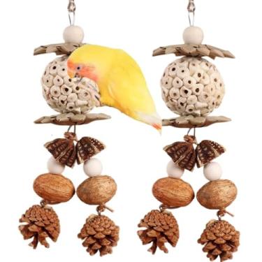 Imagem de CXYYXF Brinquedo para mastigar pássaros para animais de estimação, papagaio, sola bola, nozes naturais, pinha, brinquedo de mastigar para periquito pequeno, calopsita, periquito (embalagem com 2)