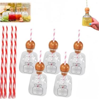 Imagem de Jevuoyee 5 peças de copos reutilizáveis compatíveis com patrono, garrafa de plástico com canudo, garrafas decorativas para tequila, bebidas, vinho, adequado para festas, casamentos