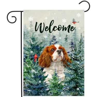 Imagem de Welcome Winter Garden Flags Cavalier King Charles Spaniel Garden Flag Cardinal Birds on Snowy Pine Tree Flag Dog Yard Flags for Outside 12x18 Dupla Face Christmas Decorative Lawn Flags