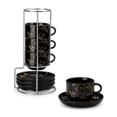 Imagem de MALACASA Conjunto de 4 xícaras de café expresso de porcelana de 118 ml com pires e suporte de metal, mármore preto