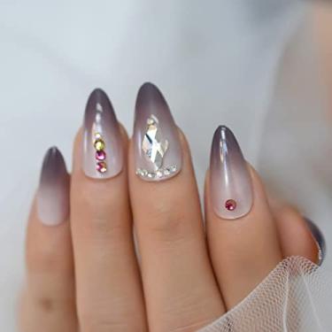 Imagem de 3D Amêndoa Fake Press On Nails Finish Designs Rhinestone Crystal Ombre Fingernail Cobertura completa brilhante para mulheres, 24 peças/conjunto