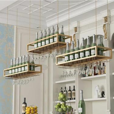 Imagem de Rack de vinho suspenso, suporte de vidro de vinho suspenso montado no teto, suporte de parede para garrafas de vinho para restaurante, café, cozinha, prateleira de armazenamento de vinho flutuante (80