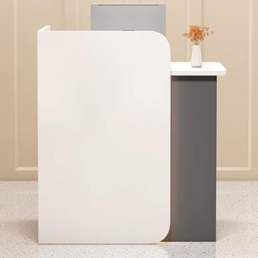 Imagem de Mesa de recepção moderna com gaveta trancável e faixa de luz LED - balcão de recepção branco para salão de escritório - 100 x 45 x 100 cm