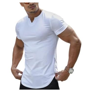 Imagem de Camisetas masculinas manga curta slim fit gola V pulôver camiseta cor sólida casual esportes tops, Branco, 3G