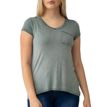 Imagem de Cable & Gauge Vestuário feminino gola V pigmento tingido e lavagem a óleo bolso camiseta com bainha Hi-Low, Grinalda de louro, P