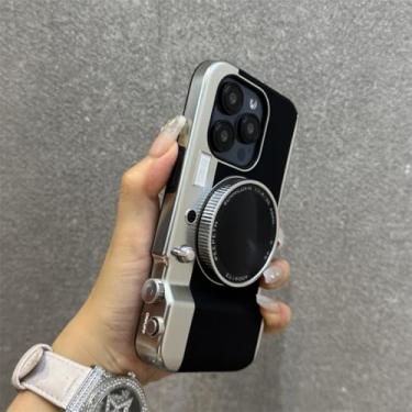 Imagem de MVVKKY Capa magnética espelhada retrô vintage com formato de câmera para iPhone 16 Plus, capa traseira à prova de choque (para iPhone 16 Plus/preta)