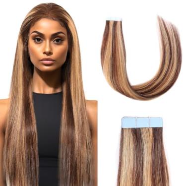 Imagem de Blissource Extensões de cabelo humano com fita adesiva, lisas, 45 cm, nº 4/27 marrom chocolate a loiro caramelo