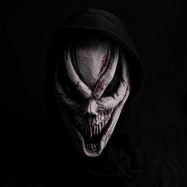 Imagem de PJMarts Nova máscara de látex assustadora Scream com cachecol, design de rosto fantasma, cabeça inteira, máscara de terror de Halloween (máscara facial de fantasma do mal)