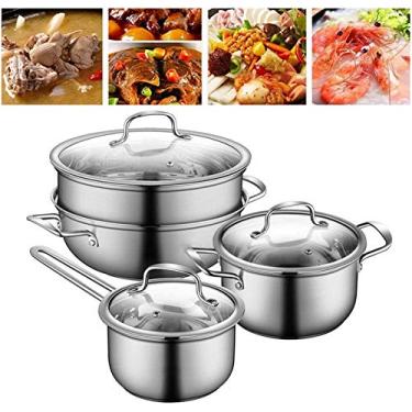 Imagem de Conjunto de panelas e frigideiras de cozinha de 7 peças, conjunto de panelas de aço inoxidável de grau premium, profissional para restaurante doméstico, prata