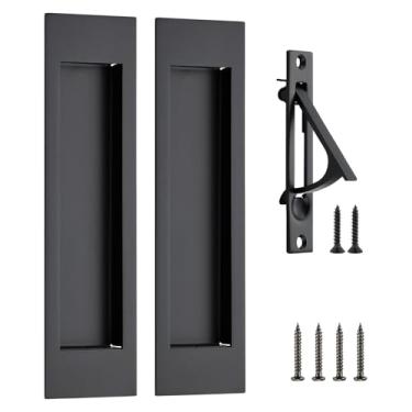 Imagem de JOY DECOR 2 maçanetas de porta de bolso de 20 cm + 1 puxador de borda de dedo, conjunto de ferragens de aço inoxidável retangular embutido preto para portas deslizantes e armários