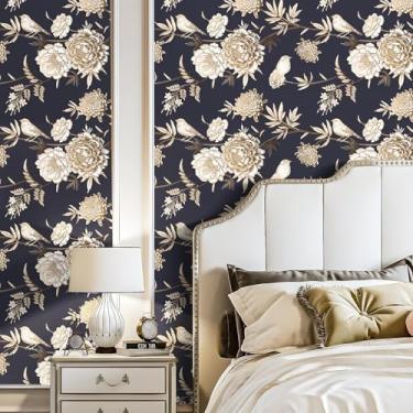 Imagem de iPaste Papel de parede floral dourado dourado escuro 44,5 x 203,2 cm, papel de parede floral, vintage, autoadesivo para quarto