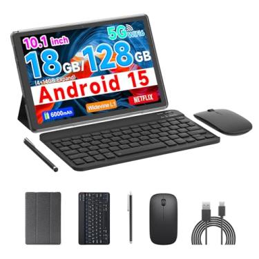 Imagem de COOPERS Tablet Android 15, tablet de 10 polegadas, 18 GB de RAM + 128 GB de ROM 2 TB expansível, processador quad-core de 2,0 GHz, WiFi 5G 6 BT5.0, câmeras duplas, tablets 2 em 1 com capa de teclado