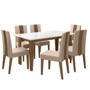 Imagem de Conjunto Sala De Jantar 6 Cadeiras Tampo Retangular 160cm Com Vidro Liz Carvalho Off White Linea Marfim - Poliman