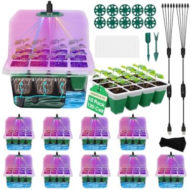 Imagem de MQHUAYU Bandeja de sementes autoirrigável com luz de cultivo, pacote com 10, kit de 120 células reutilizáveis para iniciantes com silicone macio, bandejas de germinação de plantas com cúpula de