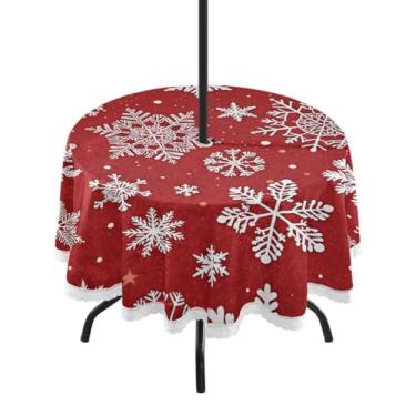 Imagem de Qilmy Toalha de mesa redonda à prova d'água com flocos de neve de Natal de 152 cm com orifício para guarda-chuva e zíper – uso externo / interno resistente para pátio, churrascos, piqueniques, festas