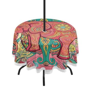 Imagem de Qilmy Toalha de mesa Elefante redonda impermeável de 152 cm com orifício para guarda-chuva e zíper – Uso externo / interno resistente para pátio, churrascos, piqueniques, festas (serve para mesas