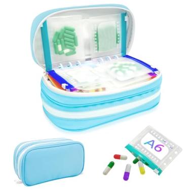 Imagem de Timueetech Organizador de comprimidos XXL A6 à prova d'água com compartimento duplo com 28 m de tamanho para fichário A6, grande organizador mensal de medicamentos sem BPA, sistema reutilizável de