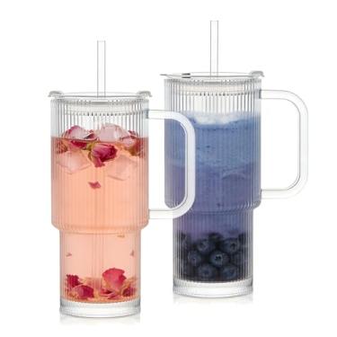 Imagem de YALONG Copo de canudo com alça de 765 g com tampa, pacote com 2, copo de vidro transparente sem chumbo para água de café de escritório, perfeito para uso diário de meninas