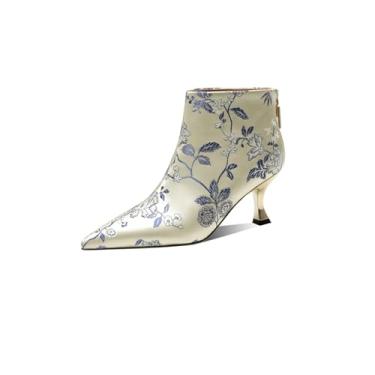 Imagem de TinaCus Bota feminina de bico fino, bordada, feita à mão, salto alto, cano médio com zíper nas costas, Azul, 38