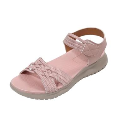 Imagem de Sandálias femininas plataforma peep toe sola grossa casual para verão praia caminhada PU superior, rosa, 36