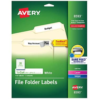 Imagem de Etiquetas de pasta de arquivo Avery para impressoras a laser e a jato de tinta com tecnologia TrueBlock, 6,35 x 9,5 cm, branco, Embalagem com 1, Branco, 6667 x 3.4375"