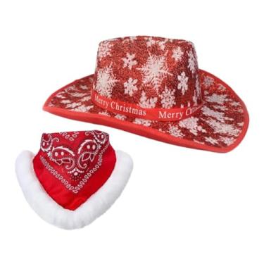 Imagem de Tachiuwa Chapéu de cowboy de natal com cachecol, moderno, feminino, masculino, papai noel, chapéu ocidental para performance, fantasia, dramatização, adereços, estilo a