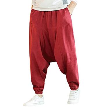 Imagem de Calça social feminina hop moda algodão e estilo solto masculino comprimento cor quadril calça casual calças de couro para, Vermelho, XXG