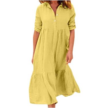 Imagem de O-864 Vestido feminino amarelo mostarda manga comprida vestidos soltos para mulheres gola alta linho falso praia brunch havaiana franzido camisa tropical básico maxi longo outono verão vestidos 2024