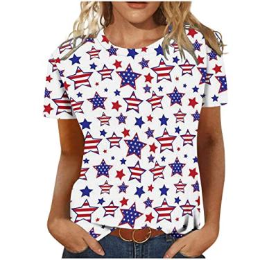 Imagem de Blusa feminina longa com estampa da bandeira dos EUA para verão outono manga 3/4 gola redonda blusas femininas 2024, W-890 Branco, M