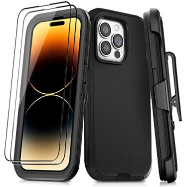 Imagem de DHCALL Capa para iPhone 14 Pro Max (6,7 polegadas), com 2 películas protetoras de tela de vidro temperado, clipe de cinto, [proteção total contra quedas] à prova de choque, resistente, durável, 6,7 polegadas (preto) + clipe)