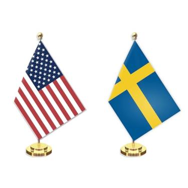Imagem de Conjunto de 2 bandeiras pequenas de mesa sueca americana, mini banner de mesa sueco de 12 × 20 cm, decoração de mastro sólido de metal de 30 cm, faixa de poliéster impressa digital pequena com base