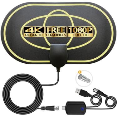 Imagem de Antena de TV interna para canais locais - Antena HDTV digital amplificada HD 4K com amplificador de sinal - Recepção de 360° de longa duração, suporte aéreo para todos os tipos de TV