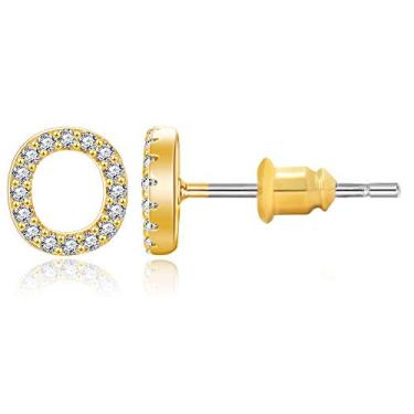 Imagem de Brincos com inicial folheados a ouro 14 K zircônia cúbica brincos de letras pequenas personalizados brincos de pino CZ pequeno para mulheres e meninas Dourado