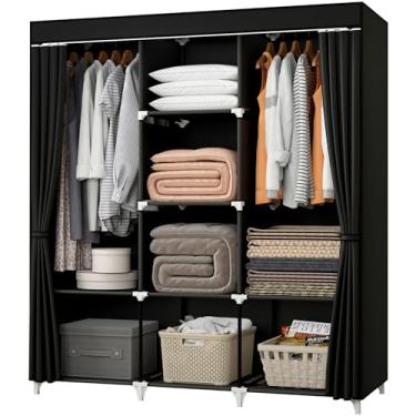 Imagem de KEKIWE Armário portátil, armário de 130 cm para pendurar roupas com 2 varas suspensas, 8 prateleiras organizadoras de armazenamento para quarto, durável e fácil de montar, preto