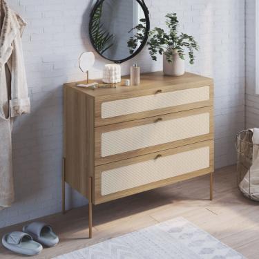 Imagem de Cômoda 3 Gavetas Palhinha Pé Metal Dourado Oslo Artesano
